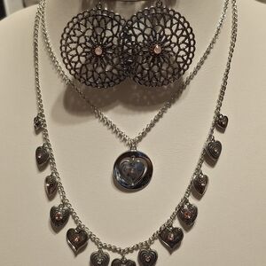 Silver and Pink Heart Pendant Necklace and Earring Set